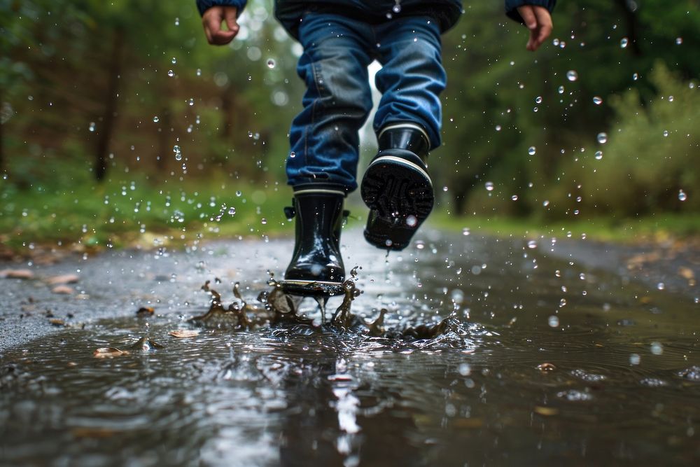 Child with rain boots puddle clothing footwear.