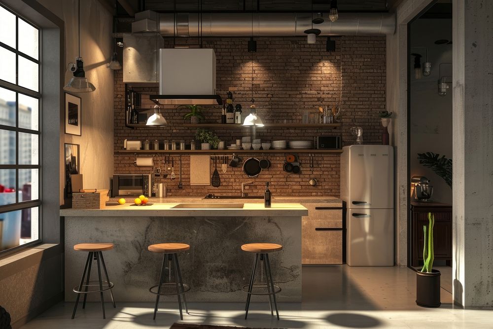 Loft kitchen corner with bar loft refrigerator architecture.