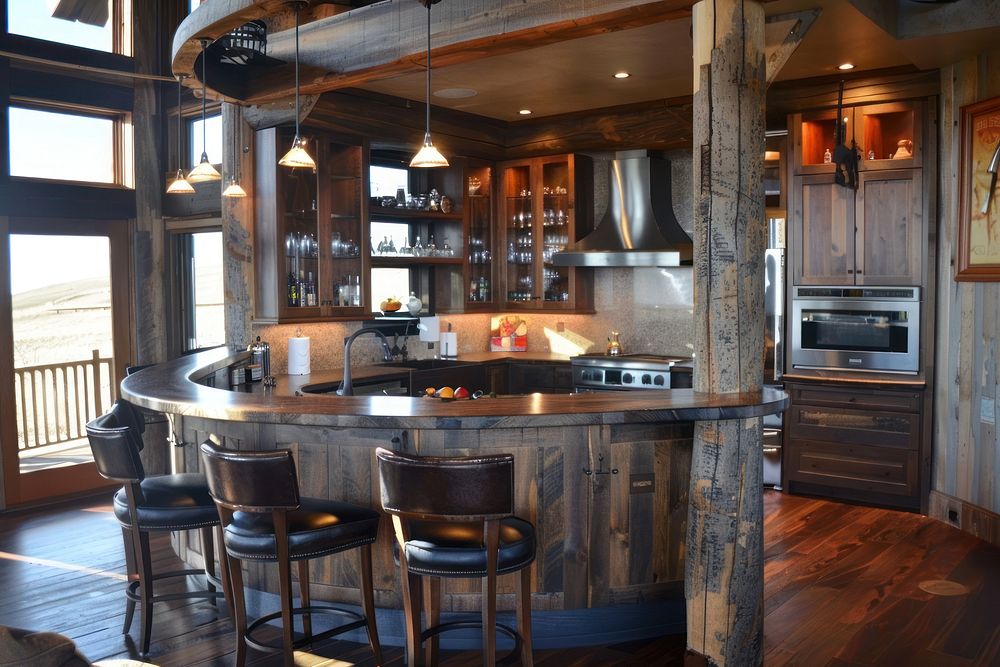 Loft kitchen corner with bar furniture appliance microwave.