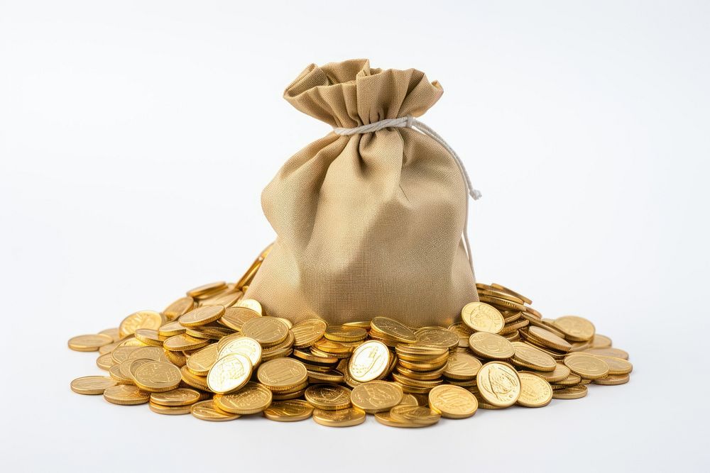 Bag of gold coins treasure money.