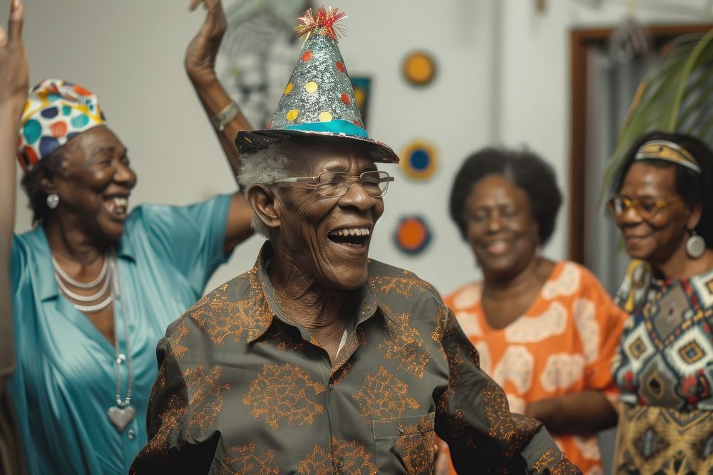 African elderly dancing birthday party night happy hat celebrating.