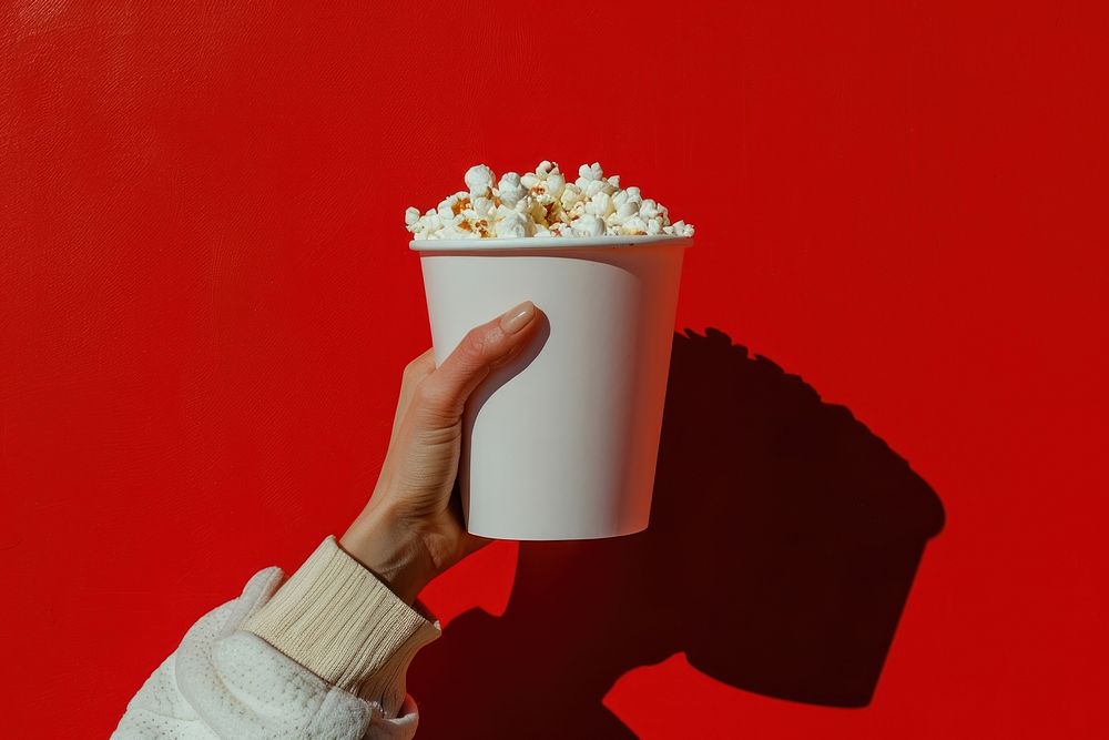 Hand holding a white popcorn bucket snack food cup.
