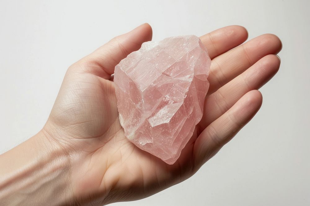 Hand holding natural rose quartz crystal stone accessories accessory gemstone.