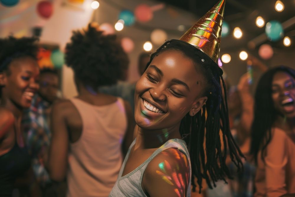 African teenager dancing birthday party night happy hat clothing.