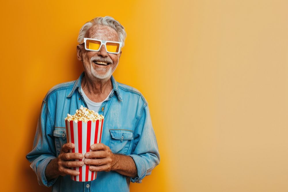 Happy elderly man holding popcorn bucket surprised laughing person.
