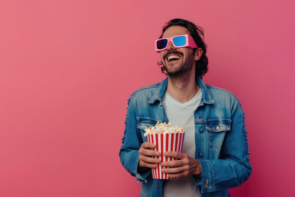 Happy man holding popcorn bucket surprised laughing person.