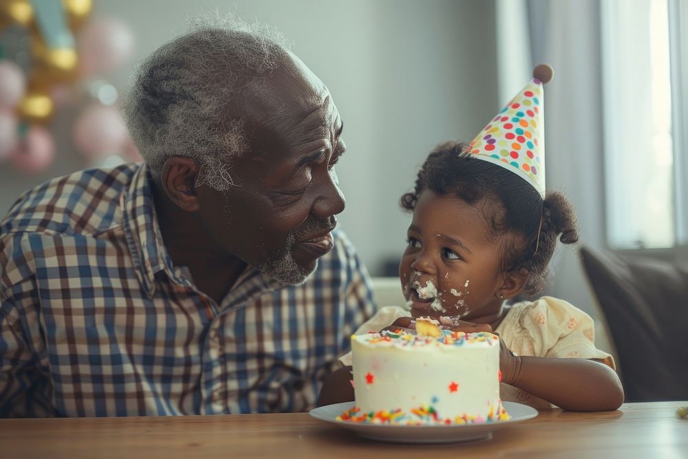 African Grandfather watching todler girl eating birthday cake party furniture dessert.