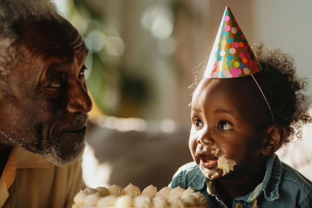 African Grandfather watching todler girl eating birthday cake party hat clothing.