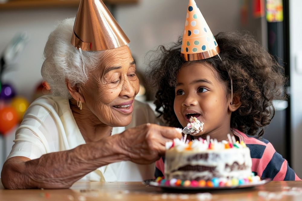 African Grandmother watching Hispanic girl eating birthday cake party dessert people.