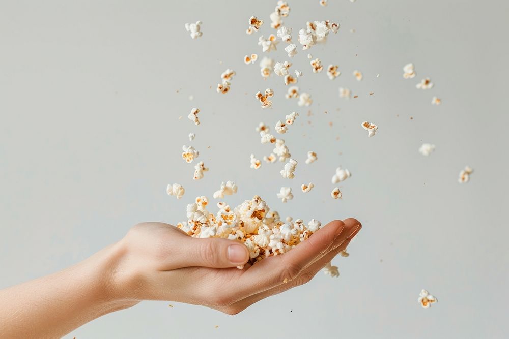 Falling cereal on a handful of popcorn food.