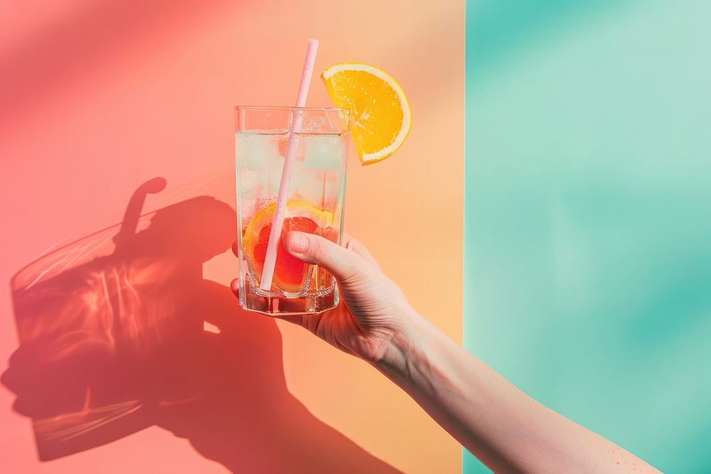 Hands holding straw in to mocktail glass beverage cocktail lemonade.