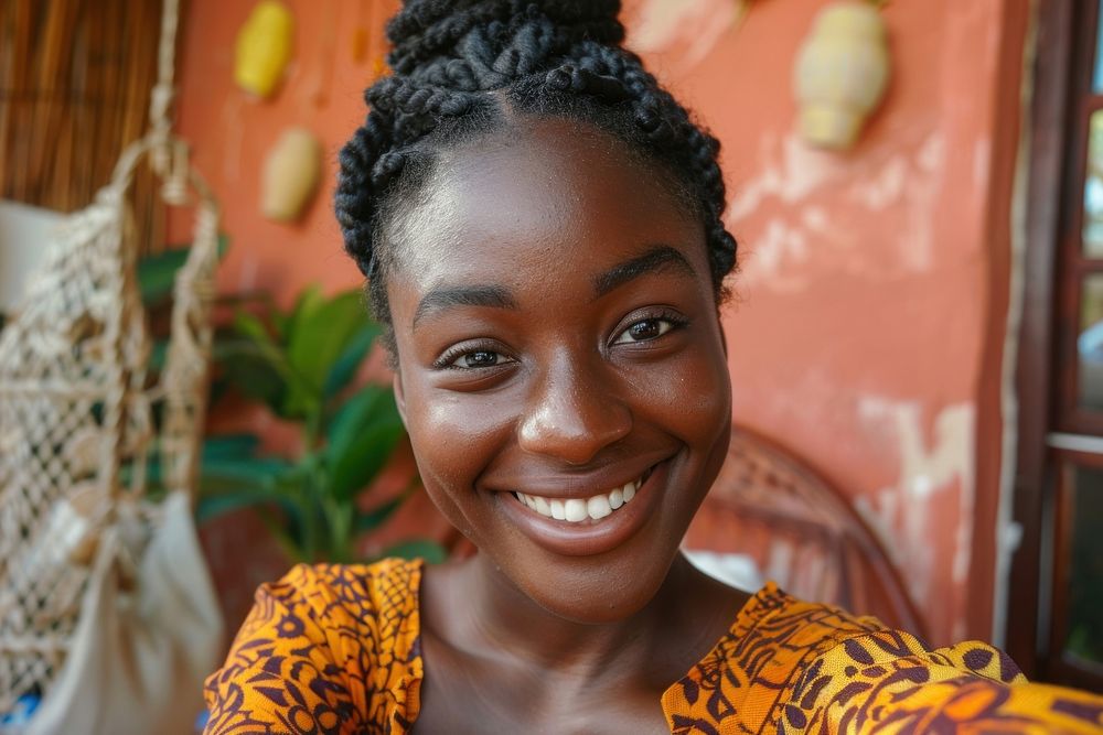 African teenage selfie at birthday party happy skin shoulder.