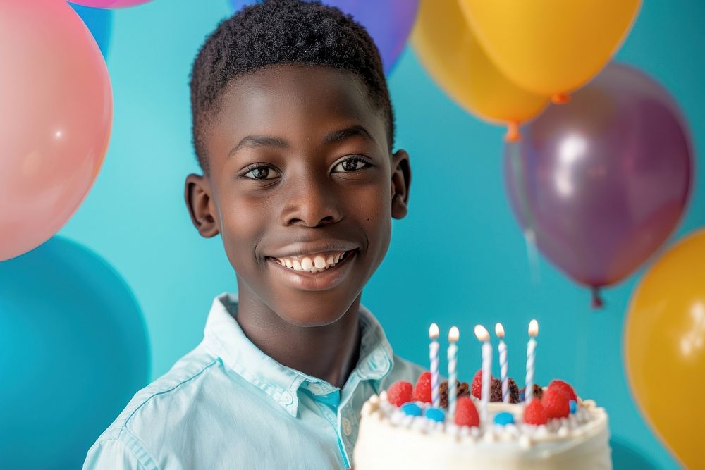 Lovely teenage African boy balloon happy cake.