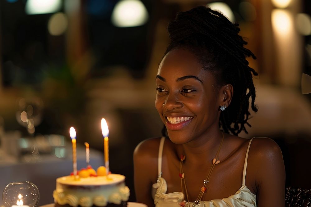 Woman African impressed with birthday cake happy accessories accessory.