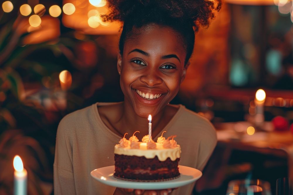Woman African impressed with birthday cake happy dessert people.