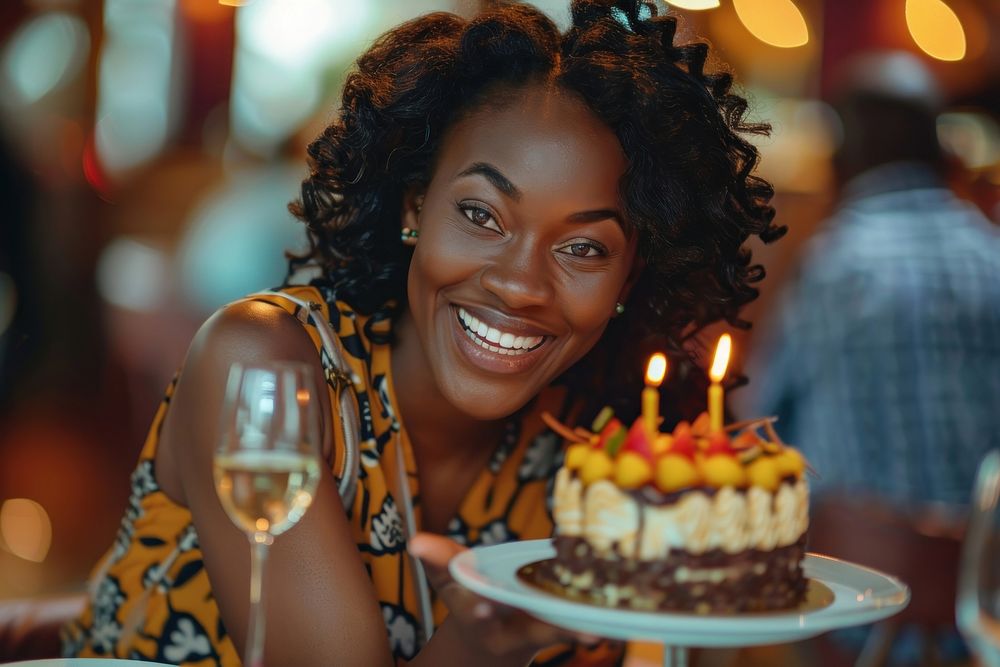 Woman African impressed with birthday cake happy dessert wedding.