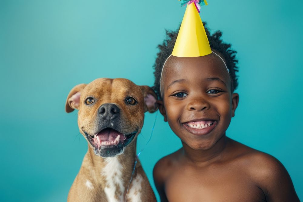 African kid selfie with dog photo happy hat.