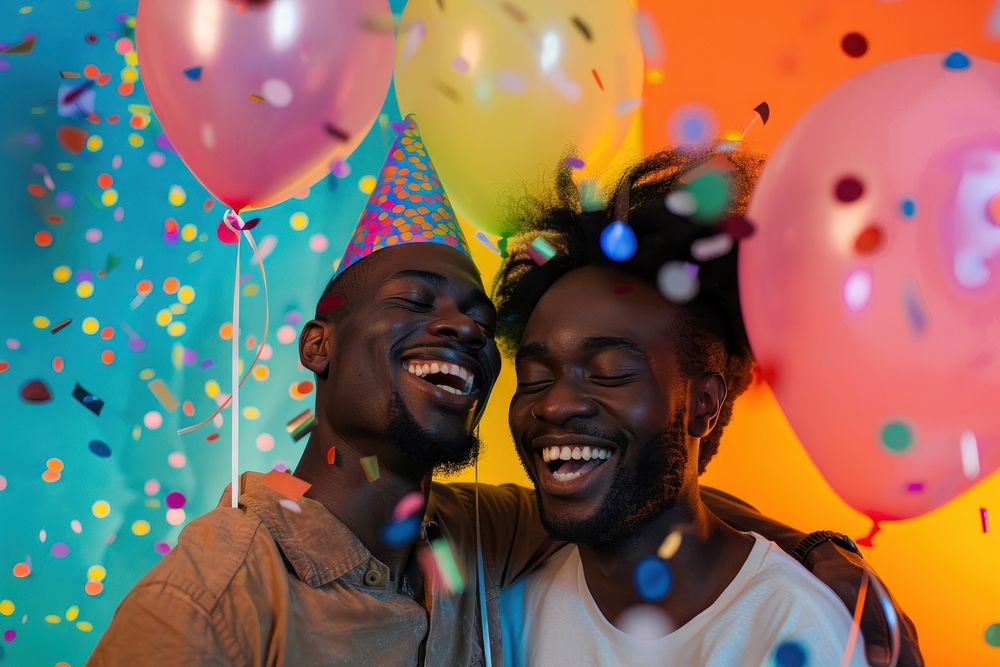 Couple African gay holding balloons happy photo party.