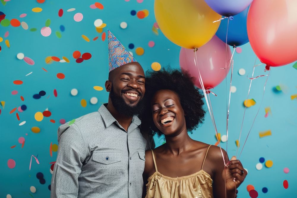 Couple African holding balloons happy party text.