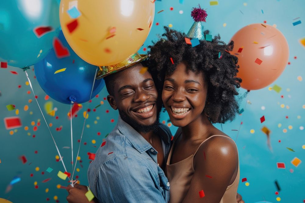 Couple African holding balloons happy people person.