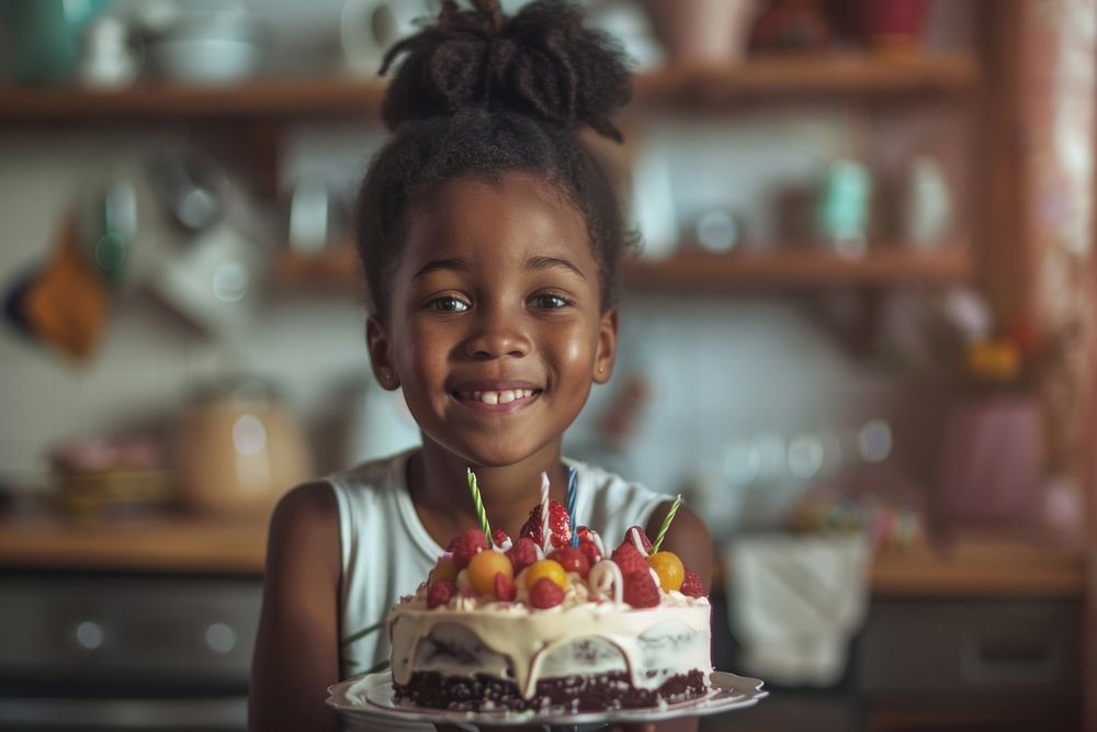 Lovely girl African with birthday cake happy medication dessert.