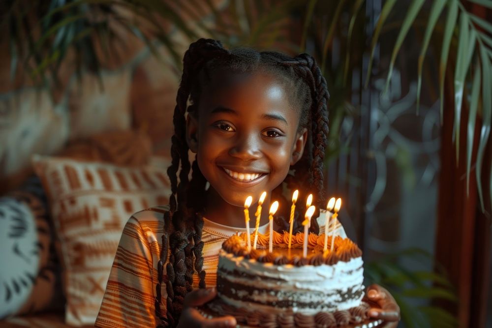 Lovely girl African with birthday cake dessert people person.