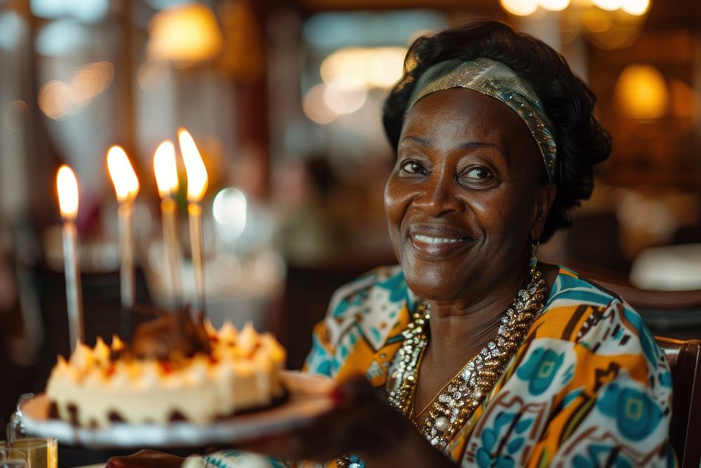Woman African impressed with birthday cake happy accessories accessory.