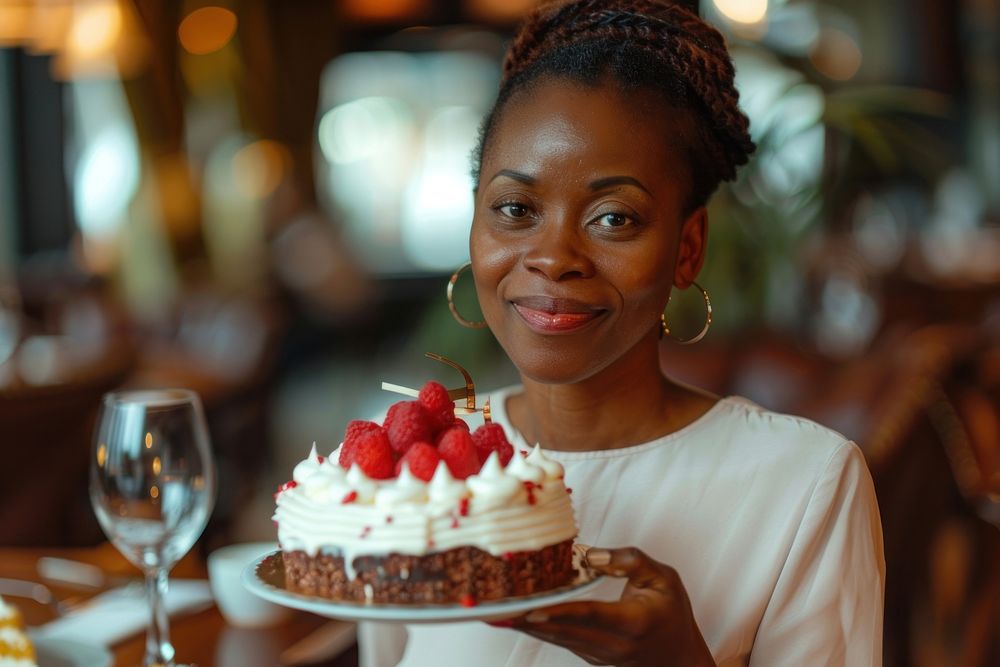 Woman African impressed with birthday cake dessert people person.