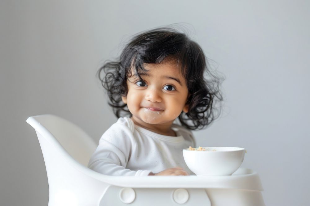 Indian toddler sitting in a high chair photo bowl photography.