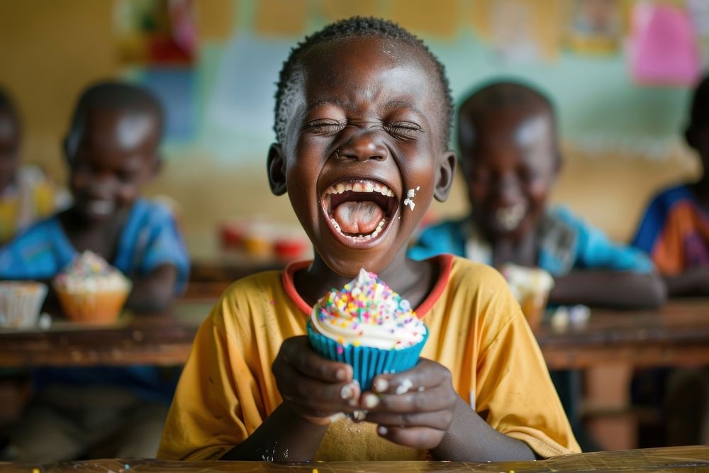 Laughing African kid celebrating his birthday laughing people person.