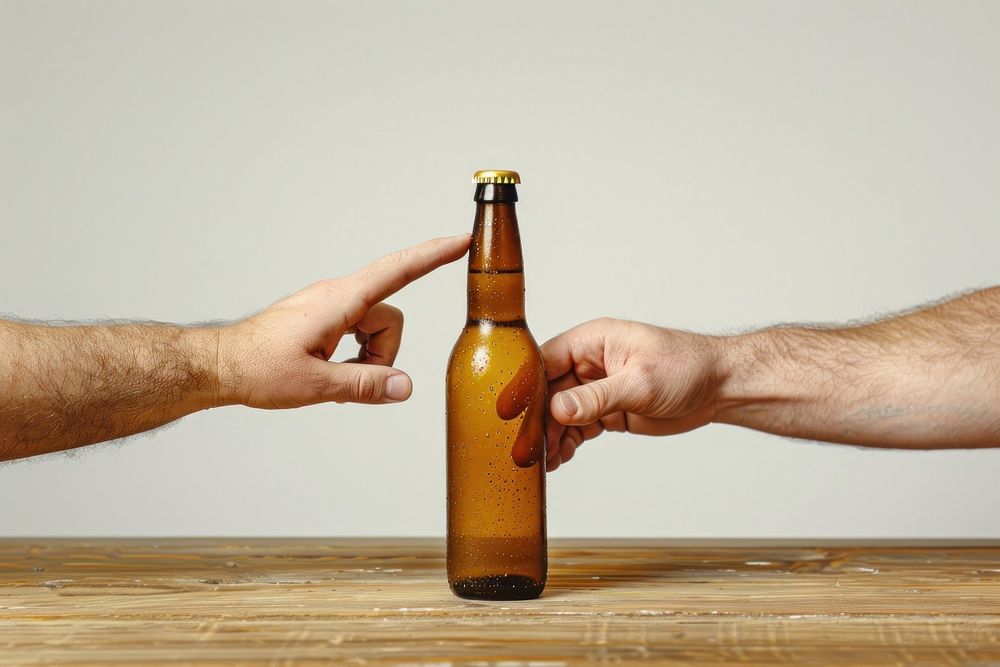 Two hands touching a bottle of beer beverage alcohol liquor.