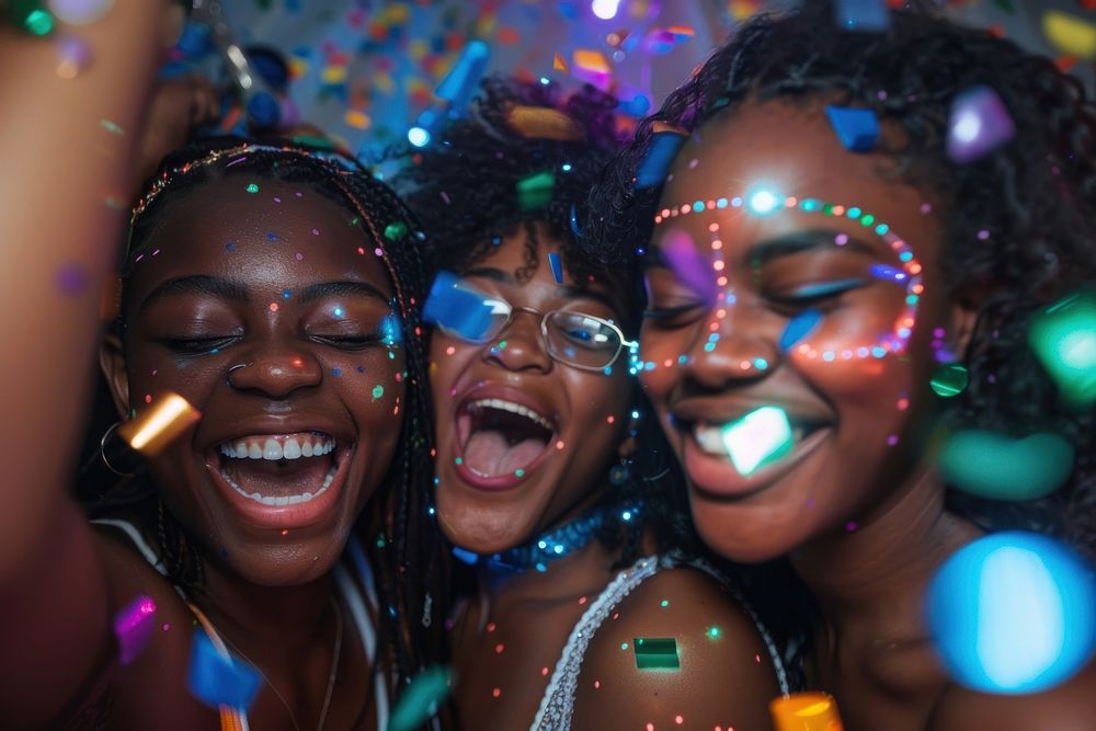 Teenager African friends at birthday party night photo accessories celebrating.