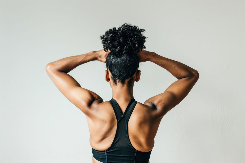 Woman muscle stretching pose back shoulder person.