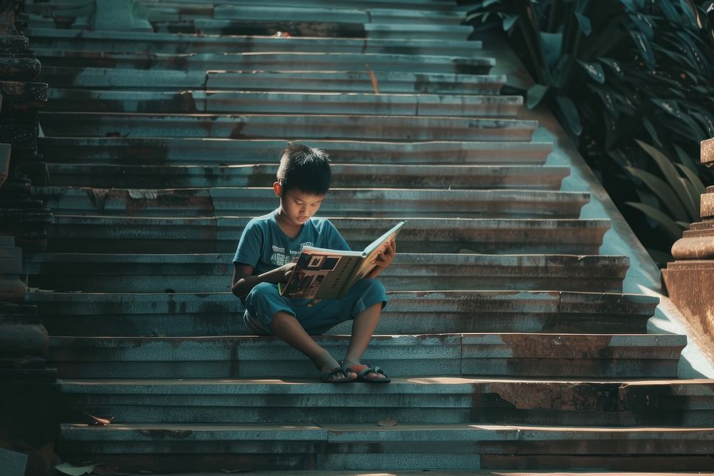 Indonesian boy reading book kid.