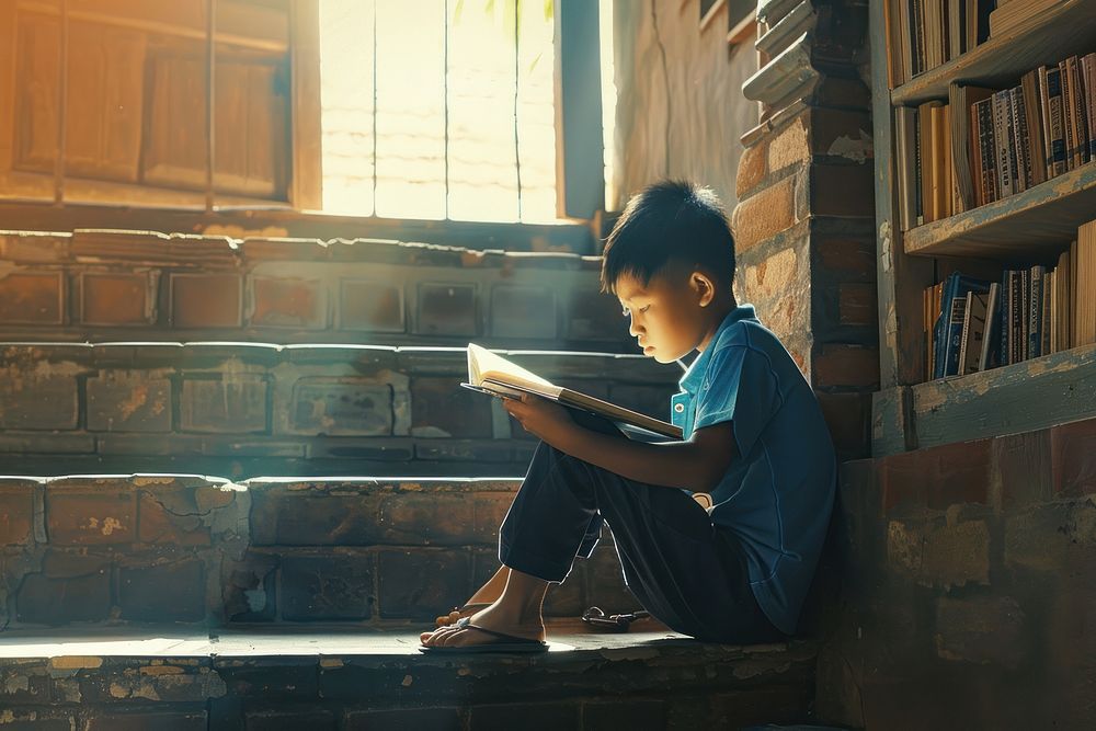Indonesian boy reading kid sitting.