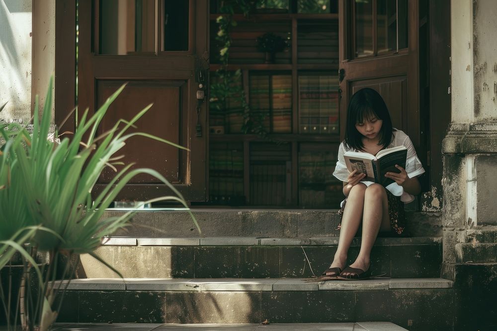 Indonesian girl reading book kid.