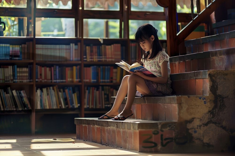 Indonesian girl reading library book.