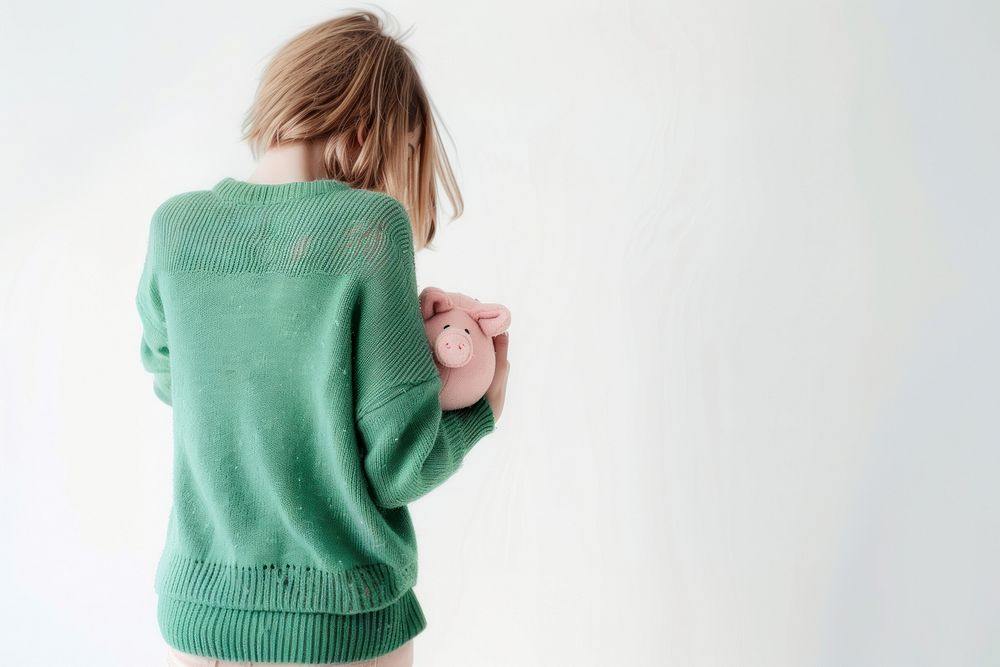 Girl hold piggy bank sweater photo photography.