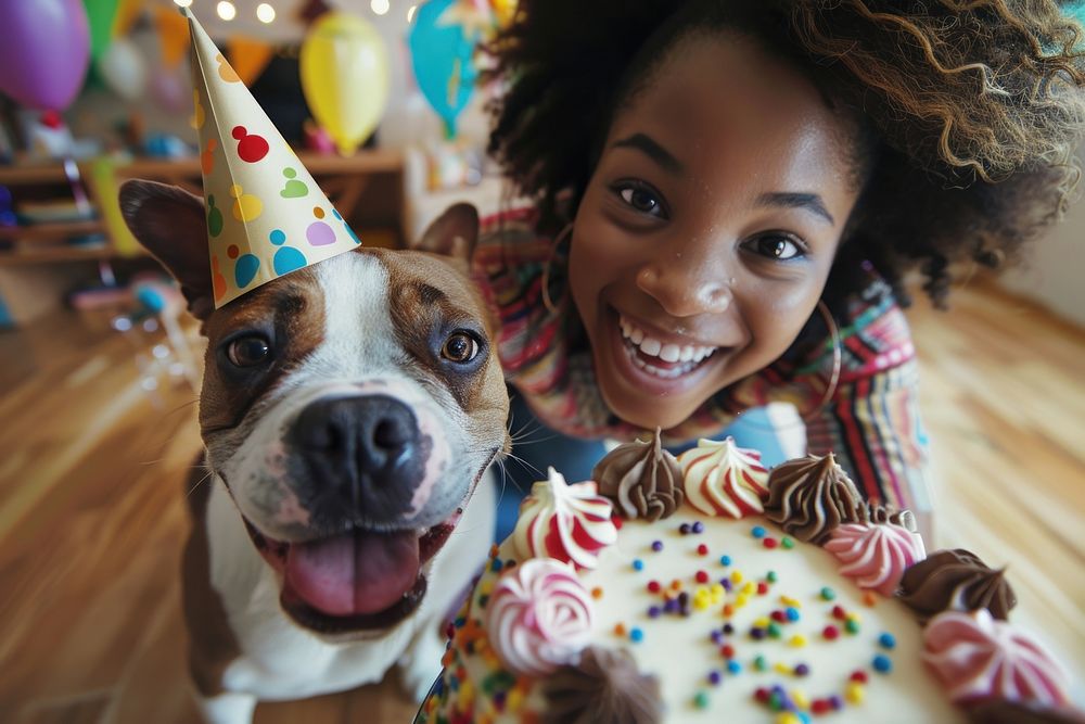 Girl African and dog wearing party hat photo cake birthday cake.