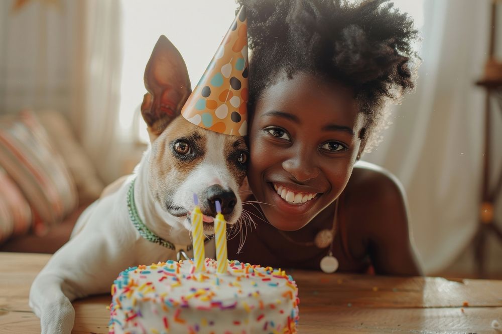Girl African and dog wearing party hat photo happy cake.