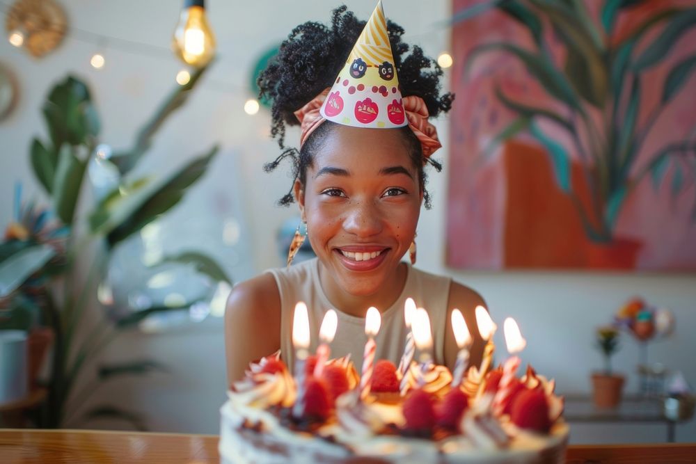 Happy lovely girl African wearing party hat cake birthday cake dessert.
