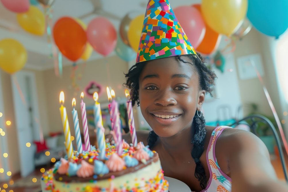 Happy lovely girl African wearing party hat cake birthday cake clothing.