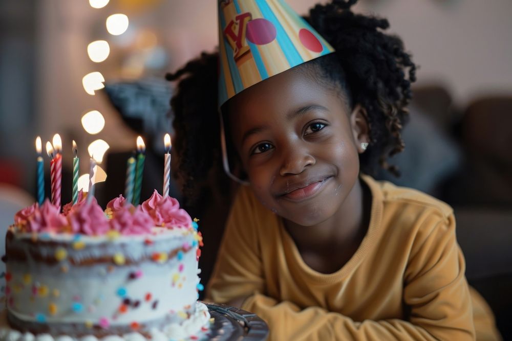 Happy lovely girl African wearing party hat cake birthday cake clothing.