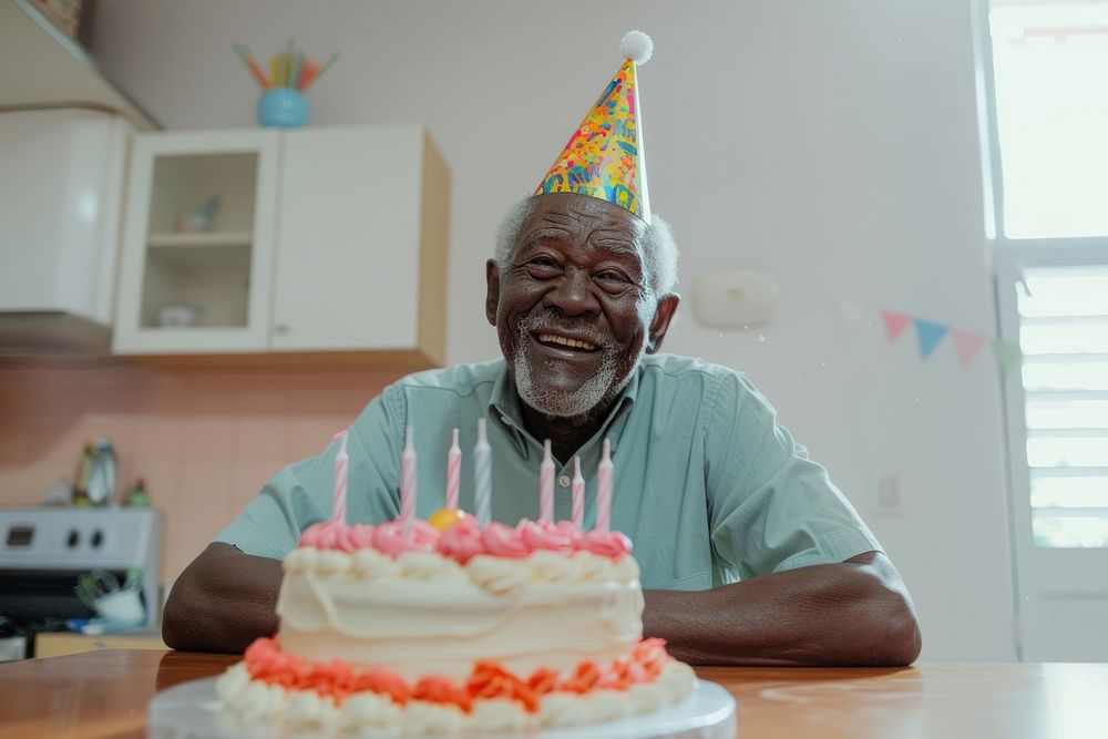 Elderly African man wearing party hat cake birthday cake clothing.