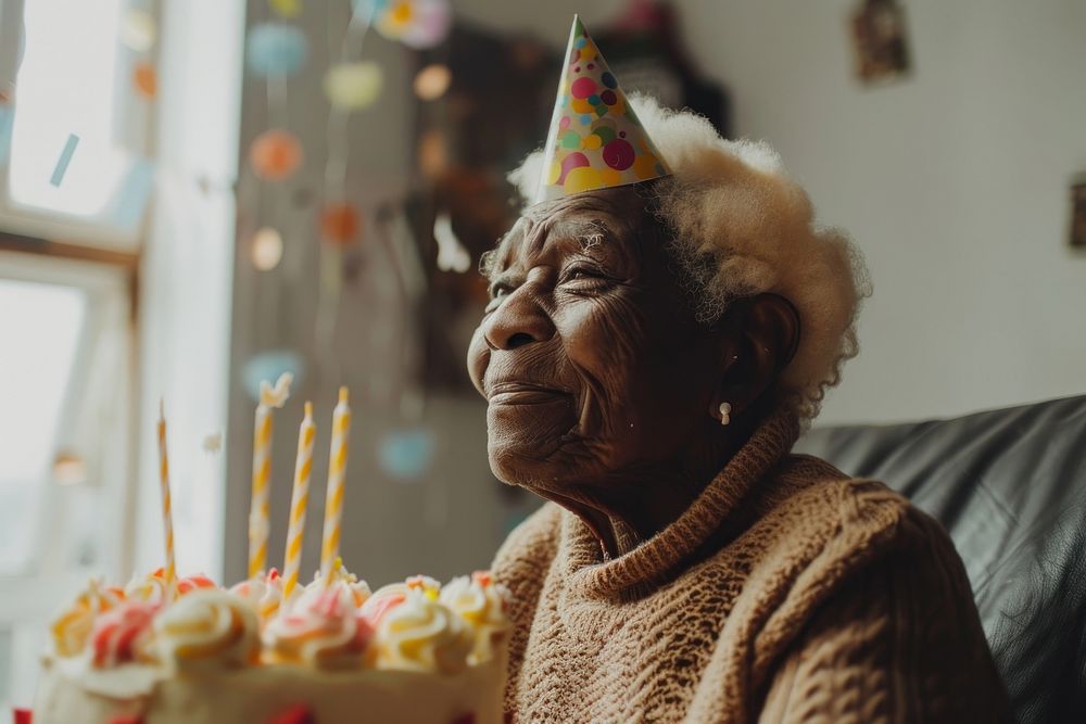 Happy lovely elderly African wearing party hat cake birthday cake dessert.