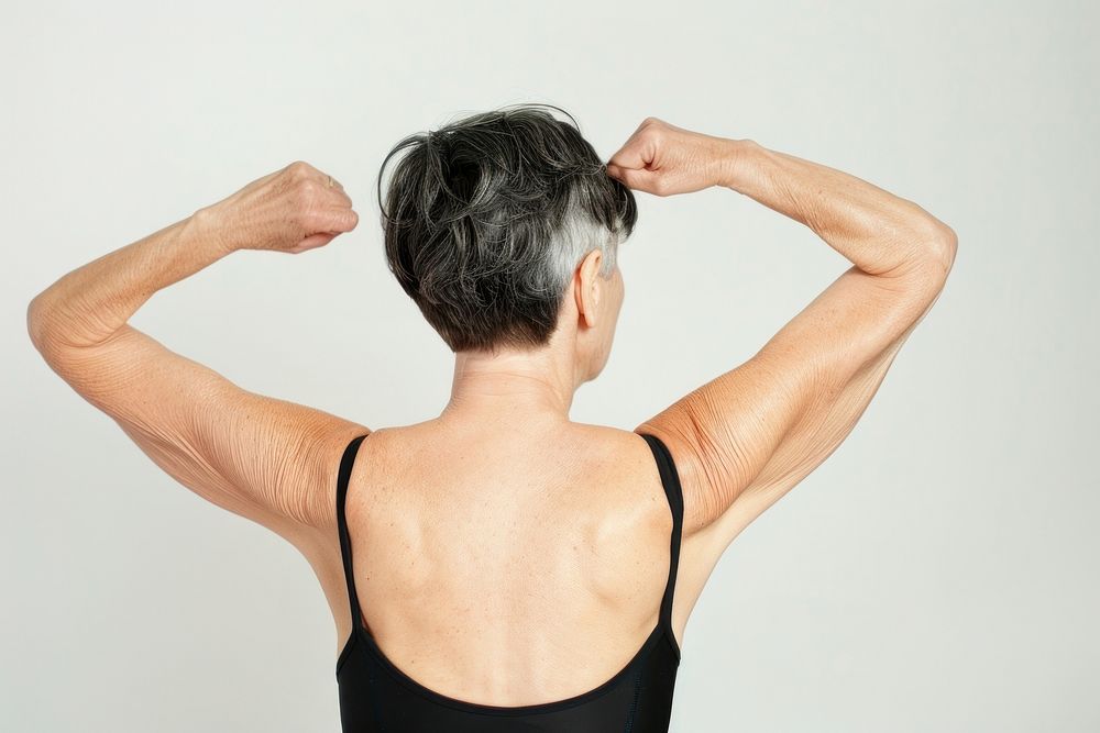Woman muscle stretching pose back shoulder person.
