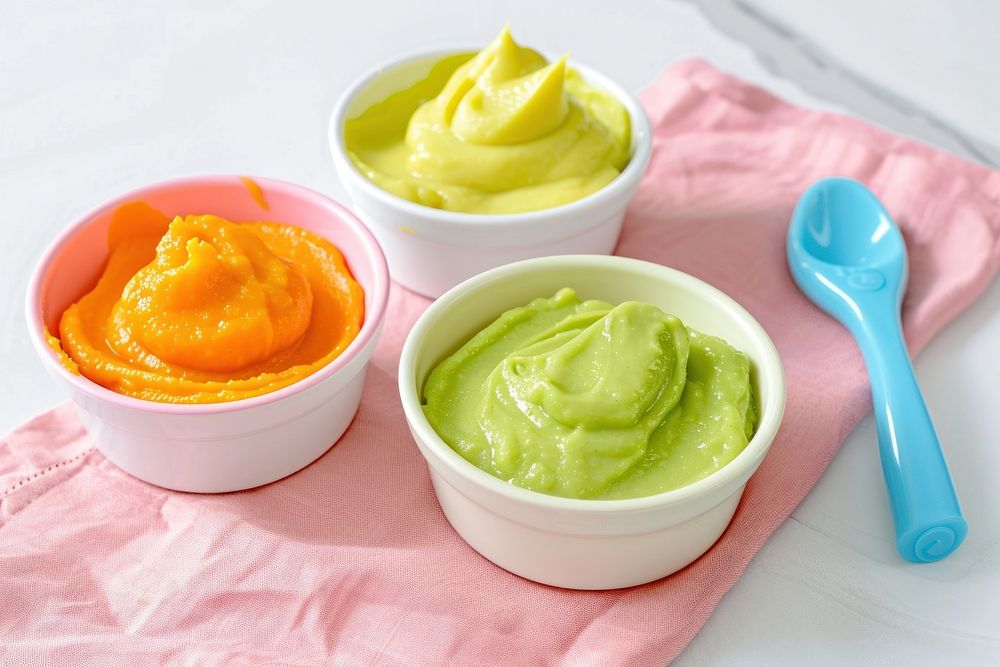 3 bowls of baby food toothbrush dessert device.