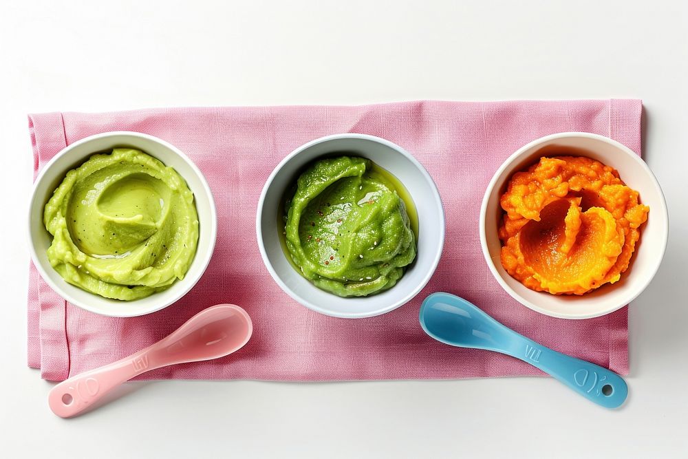 3 bowls of baby food spoon toothbrush guacamole.