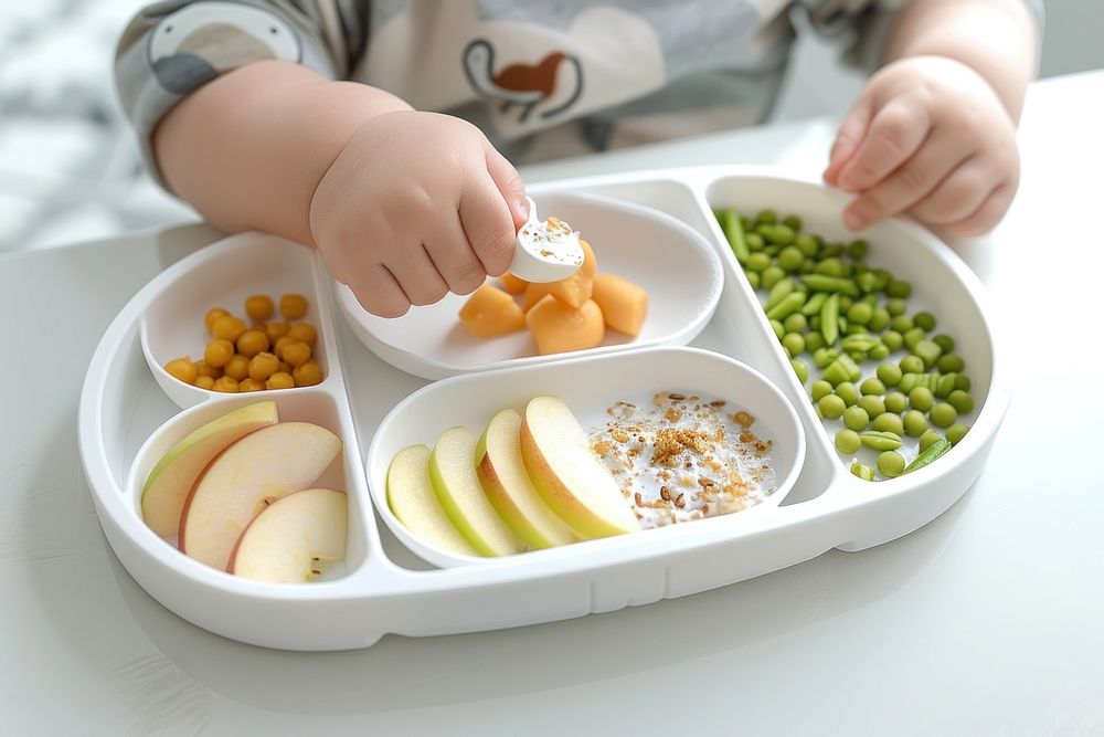 A baby is sitting at the table plate food medication.