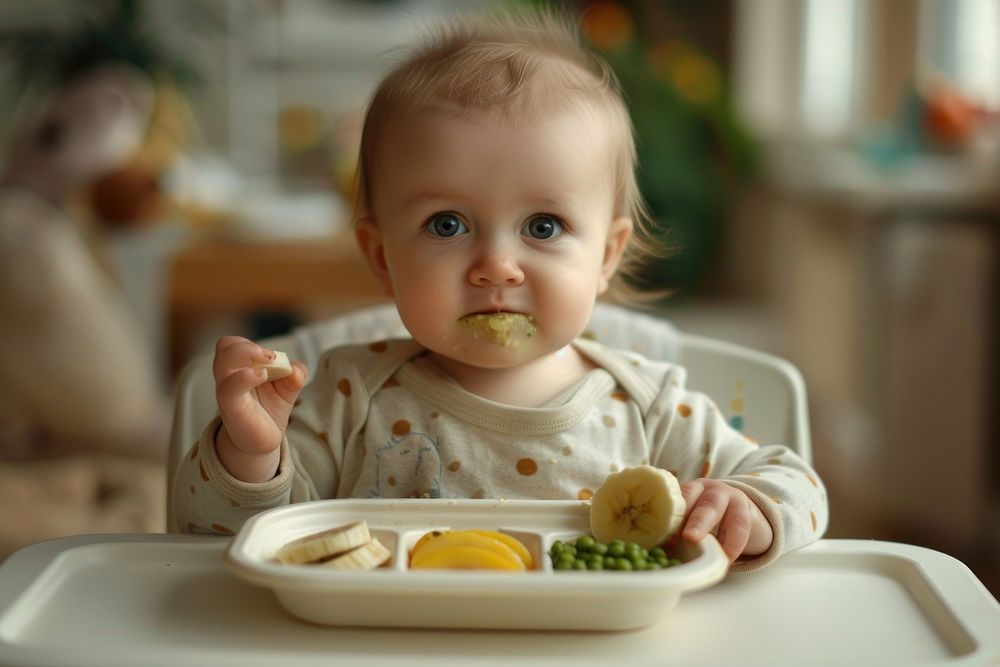 A baby is sitting at a table eating fruit food.